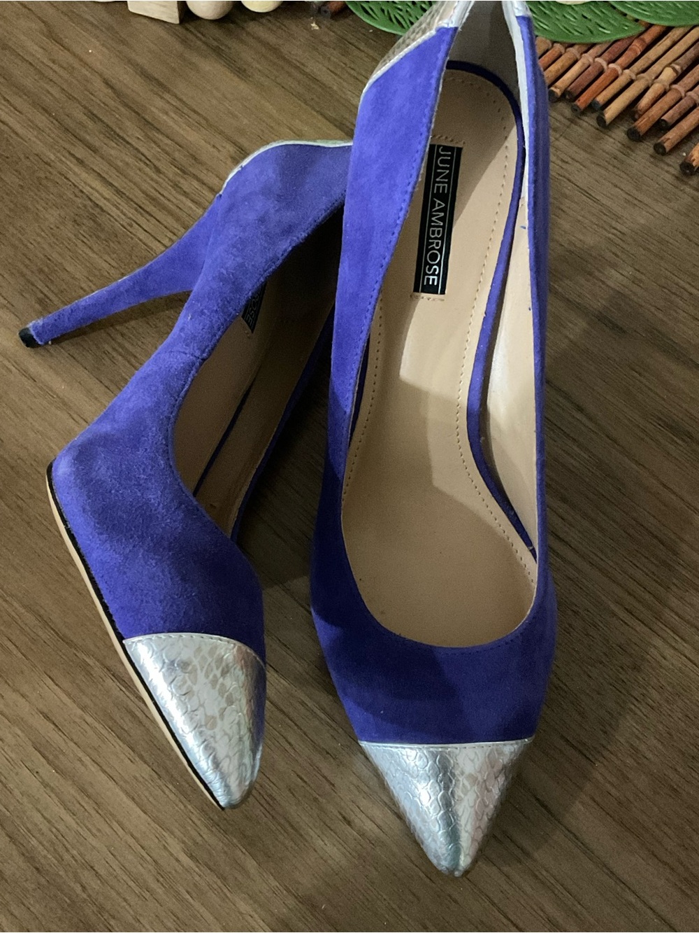June Ambrose Purple Suede Pointed Toe Pumps with Silver Cap
